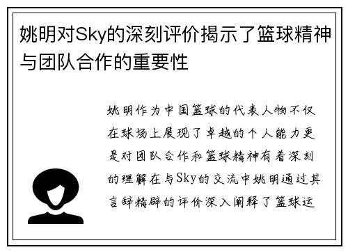 姚明对Sky的深刻评价揭示了篮球精神与团队合作的重要性